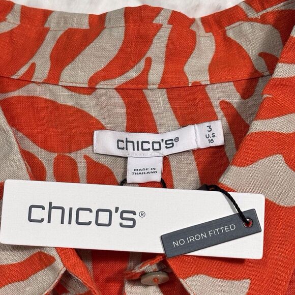 Chicos Linen Button-Up Shirt No iron Blood Orange Tan Palms Size 3 XL NWT - Picture 9 of 11